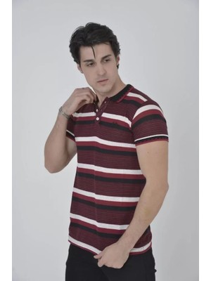ModaSize Erkek Yakalı Slim Fit Dokuma Çizgili T-Shirt - Bordo
