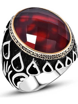 Fumeyabi Gümüş Kırmızı Zirkon Taşlı Erkek Yüzük