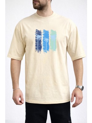 Caddekombin Erkek Üç Blok Palmiye Baskılı Bisiklet Yaka Bej T-Shirt