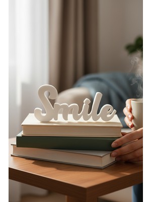Ecolia Store Dekoratif "smile" Yazısı - Beyaz Minimalist Masa Üstü Obje - 3D Baskı Modern Ev ve Ofis Aksesuarı
