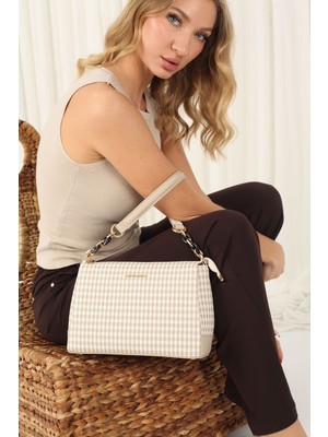 Silver & Polo SP910 Kadın Çapraz Çanta Ekose Line Kare Kum Beji