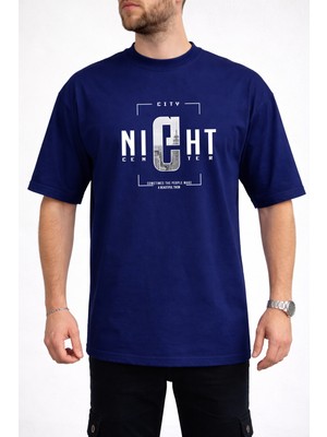 Caddekombin Erkek Night Center Yazı Baskılı Bisiklet Yaka Lacivert T-Shirt