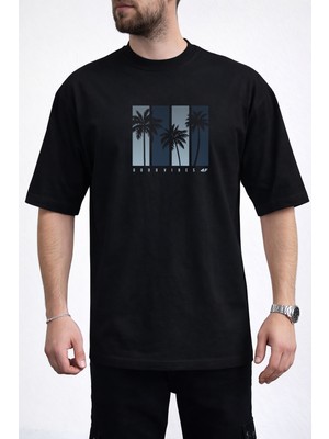 Caddekombin Erkek Good Vibes Yazılı Palmiye Ağacı Baskılı Bisiklet Yaka Siyah T-Shirt