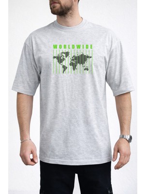 Caddekombin Erkek Yeşil Çizgili Dünya Haritası Baskılı Bisiklet Yaka Gri T-Shirt