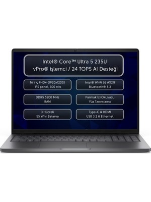 Dell Pro 16 PC16250 Intel Core Ultra 5 235U Vpro 32GB 512GB SSD 16" Fhd+ FreedosTaşınabilir Bilgisayar