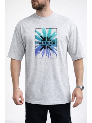 Caddekombin Erkek Turkuaz ve Mavi Palmiye Yaprağı Bisiklet Yaka Gri T-Shirt