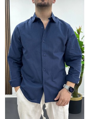 Edwox Erkek Pamuklu Keten Görünümlü Gömlek Lacivert EDW444