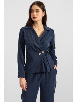 Olcay V Yaka Bağlamalı Modal Gömlek LACİVERT 9407