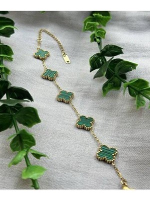 Ekonomik Sepeti Yonca Desenli Zümrüt Yeşili Gold Renkli Çelik Kolye