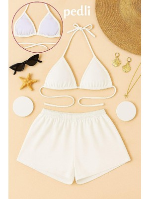 İlkyaz Fashion Ieg™ Kadın Beyaz Şortlu Belden ve Boyundan Bağlamalı Bikini Takımı