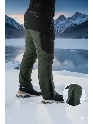 Snowmount Paça Fermuarlı Siyah Haki Outdoor Su İtici Rüzgar Geçirmez Polarlı Kışlık Pantolon