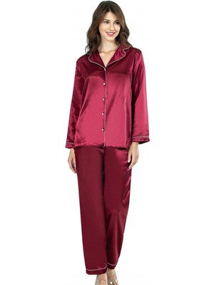 İlkyaz Fashion Ieg™ Bordo Ikili Saten Gecelik Pijama Takımı 7647