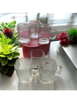 Hype Store 6 Ad. Köşeli Cam Kupa Bardak Çizgili Çok Şık Model