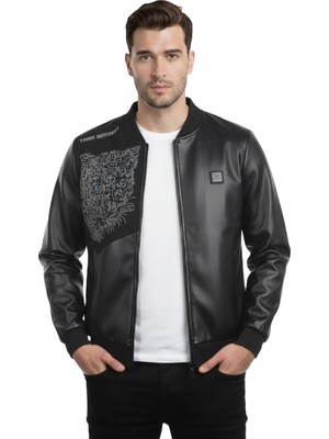 Deepsea Siyah Taş Detaylı Slim Fit Erkek Suni Deri Ceket – Kolej Yaka Modern Mont 2600741