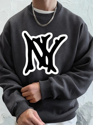 Basit Ny Logo Baskı Erkek Tişörtü Kış Polar Sıcak Kapüşonlular Kore Büyük Boy Bisiklet Yaka S