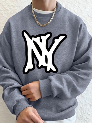 Basit Ny Logo Baskı Erkek Tişörtü Kış Polar Sıcak Kapüşonlular Kore Büyük Boy Bisiklet Yaka S