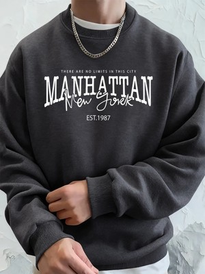 Manhattan New York Kelimeler Baskılı Erkek Kapüşonlu Üstleri Sonbahar Bol Sweatshirt Hip Hop