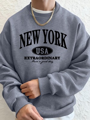 New York Abd Baskılı Erkek Tişörtü Kış Büyük Boy Kapüşonlular Hip Hop Bisiklet Yaka Polar Sıc