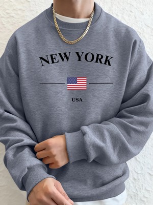 New York Abd Bayrağı Baskılı Erkek Polar Kapüşonlular Spor Günlük Hoody Bisiklet Yaka Cepli S