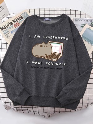 Ben Programcı Bilgisayarı Yapıyorum Komik Kedi Kadın Hoody Kore Moda Kazak Sokak Rahat Giysil