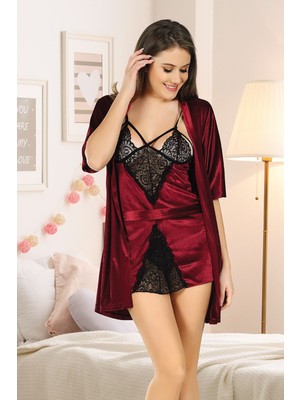 İlkyaz Fashion Ieg™ Bordo Kadife Dantelli Sabahlık & Gecelik Takım 2' Li - 1392