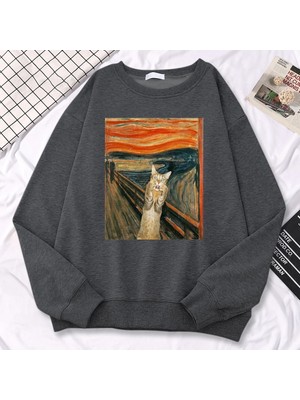 Rahat Sokak Kadın Kazak Yağlıboya Cat's Catbaskı Hoody Rahat Polar Kazak Gevşek Sıcak Kadın S