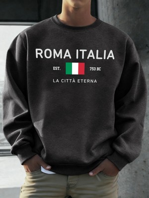 Roma Italia EST.753 Baskılı Kazak Erkekler Bisiklet Yaka Polar Giyim Gevşek Sonbahar Kazaklar