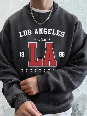 1986 Los Angeles Abd Baskı Erkekler Tişörtü Kış Polar Sıcak Hoodie Kore Gevşek Bisiklet Yaka