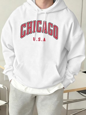 Chicago Abd Mektup Baskılı Erkek Günlük Kapüşonlu Sweatshirtler Her Şeyle Uyumlu Polar Sweats