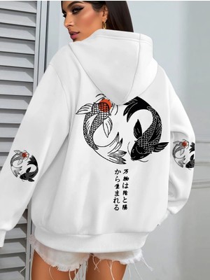 Japon Koi Harajuku Çizim Baskılar Kadın Hoodie Gevşek Y2K Hoody Renkli Sonbahar Hoodies Polar