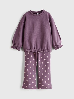 Lcw Mor Kız Çocuk Büzgülü Sweatshirt ve Puantiyeli Tayt