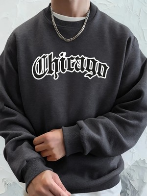 Chicago Letter Baskılı Erkek Sweatshirtleri Kışlık Bisiklet Yaka Kapüşonlu Sokak Stili Polar