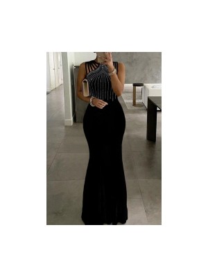 Kadın Omuz Çoklu Askılı Önü Taş Işlemeli Balık Kesim Janjan Krep Maxi Boy Elbise