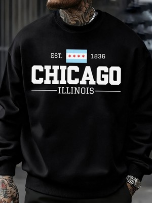 Chicago Illinois Baskılı Sonbahar Erkekler Kazak Yumuşak Giysiler Büyük Boy Sokak Kazak Polar
