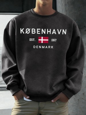 Kobenhavn Danimarka Bayrağı Baskılı Kazak Erkekler Polar Moda Kazak Yaratıcı Sonbahar Spor Gi