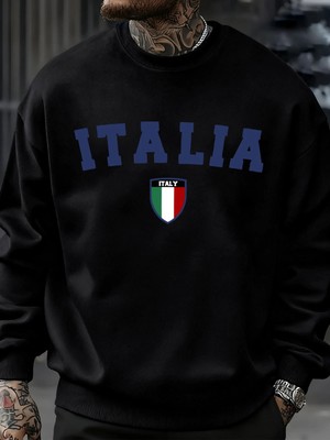 Italya Mektup Ulusal Bayrak Rozeti Baskılı Erkek Kazaklar Polar Kazak Sokak Rahat Spor Giyim