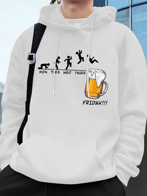 Cuma Bira Sevgilisi Komik Baskılı Erkek Kazak Kış Polar Sıcak Hoodies Kore Gevşek Cep Kazakla