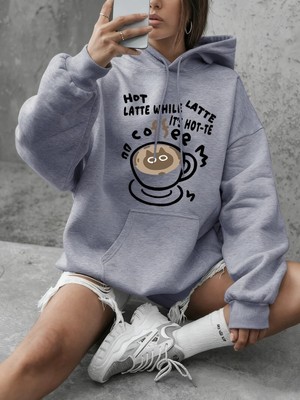 Sıcak Latte Kedi Baskılı Sweatshirtler Kadınlar Için Günlük Bol Kapüşonlu Üstler Kışlık Polar