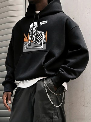 I'm Fine Iskelet Baskılı Erkek Basic Kapüşonlu Üstleri Hip Hop Bol Sweatshirtler Günlük Polar