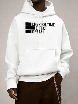 Zamanı Değerlendirin Efektli Rüya Baskılı Erkek Basit Günlük Kapüşonlu Bol Sonbahar Sıcak Uzu