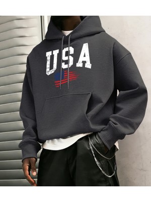 Abd Harfli Amerikan Bayrağı Baskılı Erkek Klasik Kapüşonlu Sokak Stili Günlük Polar Sweatshir