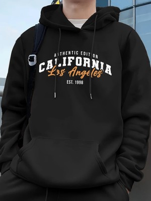 Los Angeles Kaliforniya Baskı Erkek Kapüşonlu Üst Sonbahar Bol Sweatshirt Hip Hop Cepli Polar