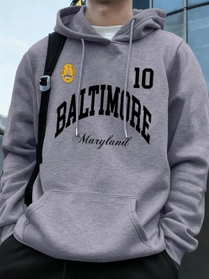 Baltimore Maryland Amblemi Baskılı Kapüşonlular Erkek Sportif Gevşek Tişörtü Kış Polar Sıcak