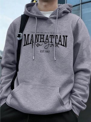 Manhattan New York Kelimeler Baskılı Erkek Kapüşonlu Üstleri Sonbahar Bol Sweatshirt Hip Hop