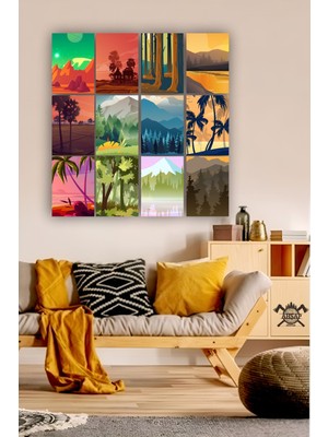 Pi Dekorasyon 12 Parça Renkli Doğa Manzara Resimleri Çerçeve Görünümlü Mdf Tablo Duvar Süsü Hediyelik Eşya Manzara