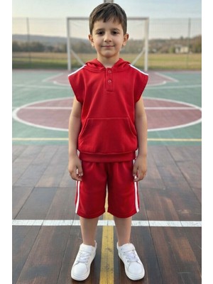 Riccotarz Erkek Çocuk Bisiklet Yaka T-Shirt,kanguru Cepli Kolsuz Sweathirt Şerit Detaylı Kapri Eşofman Takım