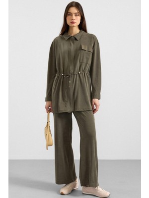 Olcay Fermuar Kapamalı Beli Büzgülü Premium Kumaş Sweat Pantolon Takım Haki 9406-TK