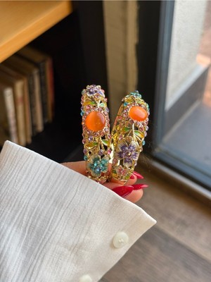 Houseki Turuncu Taşlı Işlemeli Kelepçe Bilek