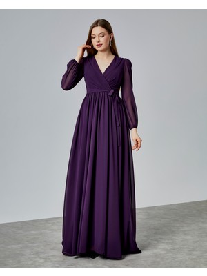 Asees Kruvaze Yaka Kuşaklı Şifon Abiye Elbise