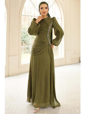 Olcay Inci ve Pilise Detaylı Yoryo Ipek Tesettür Abiye Elbise Yeşil 1249